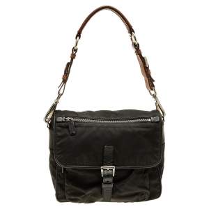 Prada Black Leather And Nylon Buckle Flap Shoulder Bag