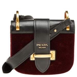 Pre Owned Prada  Burgundy/Black Velvet & Leather Pionniere Crossbody Bag
