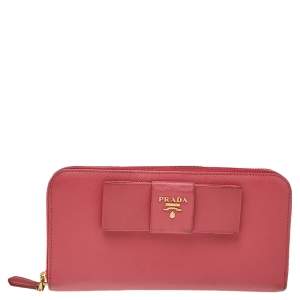 Prada Pink Saffiano Leather Bow Zip Around Wallet