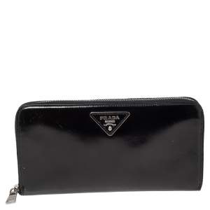 Prada Black Glossy Leather Zip Around Wallet