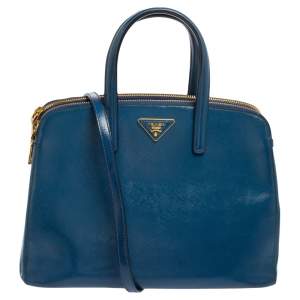 Pre Owned Prada Blue Saffiano Patent Leather Double Zip Satchel