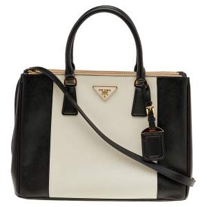 Pre Owned Prada Black/White Saffiano Lux Leather Medium Double Zip Tote