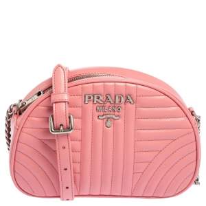 Pre Owned Prada Pink Diagramme Leather Wave Crossbody Bag
