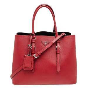 Pre Owned Prada Red Saffiano Cuir Leather Medium Double Handle Tote