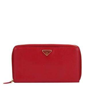 Prada Red Leather Zip Around Wallet
