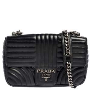 Pre Owned Prada Black Diagramme Leather Medium Shoulder Bag