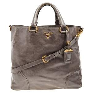 Pre Owned Prada Grey Vitello Shine Leather Top Handle Bag