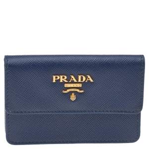 Pre Owned Prada Blue Saffiano Lux Leather Flap Card Holder