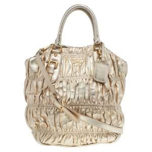 Pre Owned Prada Metallic Gold Gathered Leather Satchel