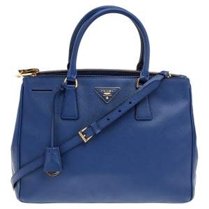 Pre Owned Prada Navy Blue Saffiano Lux Leather Double Zip Galleria Tote