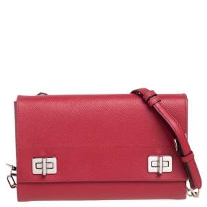 Pre Owned Prada Red Saffiano Cuir Leather Small Double Turnlock Shoulder Bag