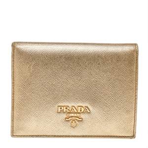 Pre Owned Prada Metallic Gold Saffiano Leather Flap Compact Wallet