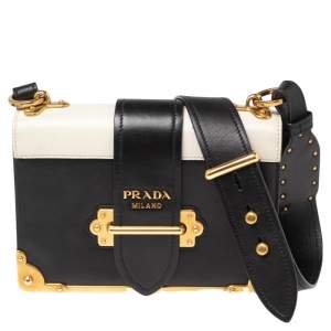 Pre Owned Prada Black/White Saffiano Leather Cahier Shoulder Bag
