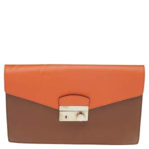 Prada Brown/Orange Saffiano Lux Leather Sound Flap Clutch