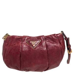 Pre Owned Prada Burgundy Pleated Leather Wristlet Clutch