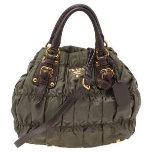 Pre Owned Prada Olive Green/Brown Quilted Nylon And Leather Tote 