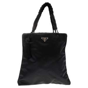 Pre Owned Prada Navy Blue/Black Satin Tassel Knitted Handle Tote