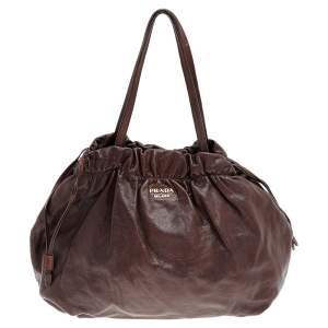 Pre Owned Prada Brown Leather Drawstring Shopper Tote