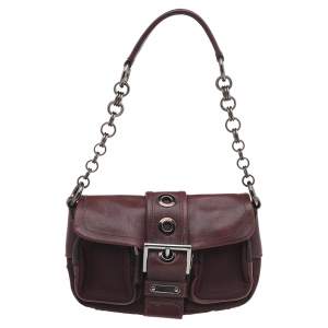 Pre Owned Prada Burgundy Leather And Nylon Buckle Flap Shoulder Bag
