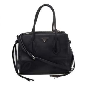 Pre Owned Prada Black Leather Stitch Double Zip Tote