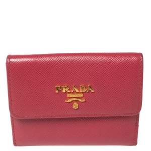 Pre Owned Prada Pink Saffiano Metal Leather Card Holder Wallet
