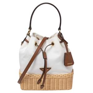 Pre Owned Prada White Canvas and Wicker Bucket Bag
