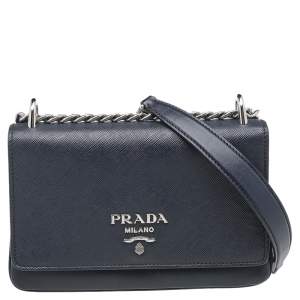 Pre Owned Prada Navy Blue Soft Calf And Saffiano Lux Leather Flap Crossbody Bag