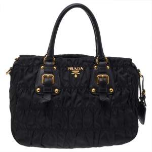 Pre Owned Prada Black Nylon And Leather Gaufre Tote