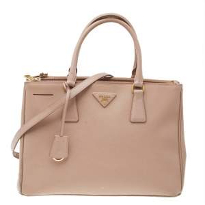 Pre Owned Prada Beige Saffiano Lux Leather Medium Double Zip Tote