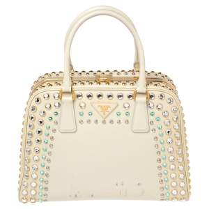 Pre Owned Prada Beige Crystal Embellished Saffiano Patent Leather Pyramid Frame Satchel