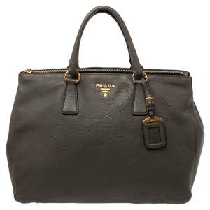 Pre Owned Prada Grey Vitello Daino Leather Double Zip Shopper Tote