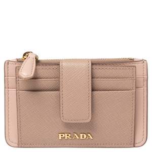 Pre Owned Prada Dust Pink Saffiano Leather Zip Card Holder