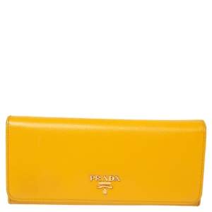 Pre Owned Prada Yellow Saffiano Leather Flap Continental Wallet