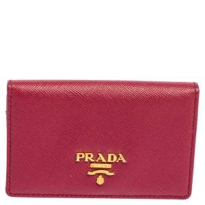 Pre Owned Prada Pink Saffiano Leather Flap Business Card Holder 