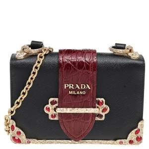 Pre Owned Prada Black/Red Saffiano And Crocodile Cahier Shoulder Bag
