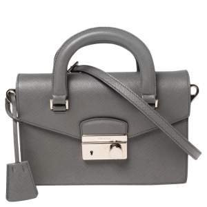 Pre Owned Prada Grey Saffiano Lux Leather Flap Crossbody Bag