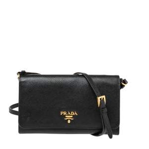 Pre Owned Prada Black Saffiano Lux Leather Wallet On Strap
