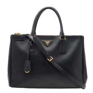 Pre Owned Prada Black Saffiano Lux Leather Medium Galleria Double Zip Tote