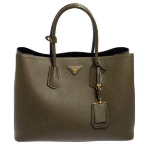 Pre Owned Prada Military Green Saffiano Cuir Leather Large Double Handle Tote