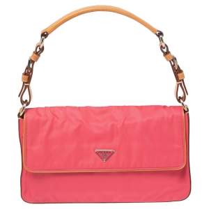 Pre Owned Prada Pink Nylon and Leather Flap Shoulder Bag