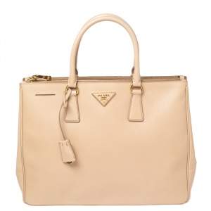 Pre Owned Prada Nude Saffiano Lux Leather Large Double Zip Tote