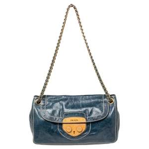 Pre Owned Prada Blue Distressed Leather Flap Chain Shoulder Bag