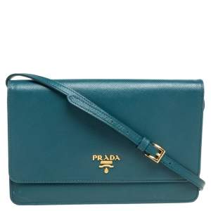 Pre Owned Prada Teal Blue Saffiano Leather Crossbody Bag