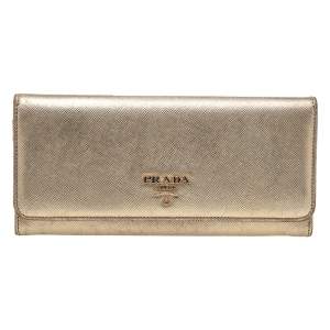 Pre Owned Prada Gold Saffiano Leather Flap Continental Wallet