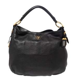 Pre Owned Prada Black Cervo Leather Zip Around Hobo