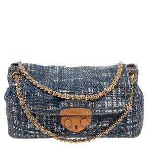 Pre Owned Prada Blue Tweed Flap Shoulder Bag