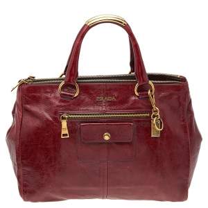 Pre Owned Prada Dark Red Vitello Shine Leather Tote