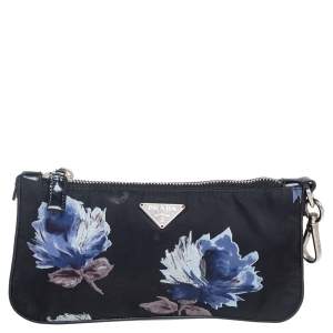 Prada Black Floral Print Nylon and Leather Pouch