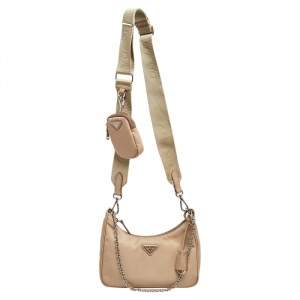 Pre Owned Prada Beige Tessuto Nylon Re-Edition 2005 Baguette Bag