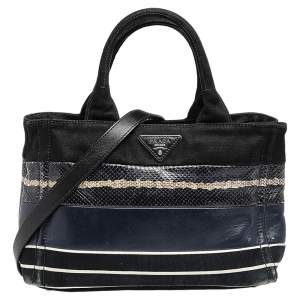 Pre Owned Prada Black Snakeskin Leather And Canvas Canapa Tote